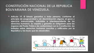 CONSTITUCIÓN NACIONAL DE LA REPUBLICA
BOLIVARIANA DE VENEZUELA.
 Artículo 19. El Estado garantiza a toda persona, conforme al
principio de progresividad y sin discriminación alguna, el goce y
ejercicio irrenunciable, indivisible e interdependiente de los
derechos humanos. Su respeto y garantía es obligatorio para los
órganos del Poder Público de conformidad con la Constitución, los
tratados sobre derechos humanos suscritos y ratificados por la
República y las leyes que los desarrollen.
 