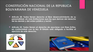 CONSTITUCIÓN NACIONAL DE LA REPUBLICA
BOLIVARIANA DE VENEZUELA
 Artículo 20. Todos tienen derecho al libre desenvolvimiento de su
personalidad, sin más limitaciones que las que derivan del derecho
de los demás y del orden público y social.
 Artículo 52. Todos tienen el derecho de asociarse con fines lícitos,
en conformidad con la ley. El Estado está obligado a facilitar el
ejercicio de este derecho.
 