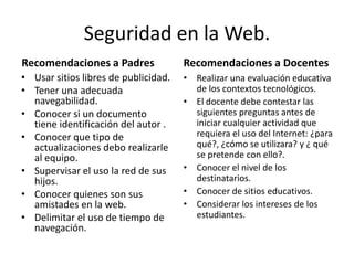Seguridad en la Web.
Recomendaciones a Padres              Recomendaciones a Docentes
• Usar sitios libres de publicidad.   • Realizar una evaluación educativa
• Tener una adecuada                    de los contextos tecnológicos.
  navegabilidad.                      • El docente debe contestar las
• Conocer si un documento               siguientes preguntas antes de
  tiene identificación del autor .      iniciar cualquier actividad que
• Conocer que tipo de                   requiera el uso del Internet: ¿para
  actualizaciones debo realizarle       qué?, ¿cómo se utilizara? y ¿ qué
  al equipo.                            se pretende con ello?.
• Supervisar el uso la red de sus     • Conocer el nivel de los
  hijos.                                destinatarios.
• Conocer quienes son sus             • Conocer de sitios educativos.
  amistades en la web.                • Considerar los intereses de los
• Delimitar el uso de tiempo de         estudiantes.
  navegación.
 