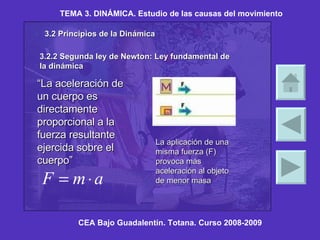 TEMA 3. DINÁMICA. Estudio de las causas del movimiento CEA Bajo Guadalentín. Totana. Curso 2008-2009 3.2 Principios de la Dinámica 3.2.2 Segunda ley de Newton: Ley fundamental de la dinámica “ La aceleración de un cuerpo es directamente proporcional a la fuerza resultante ejercida sobre el cuerpo” La aplicación de una misma fuerza (F) provoca más aceleración al objeto de menor masa 