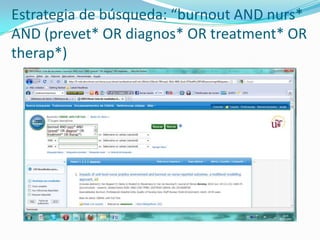 Estrategia de búsqueda: “burnout AND nurs* AND (prevet* OR diagnos* OR treatment* OR therap*)