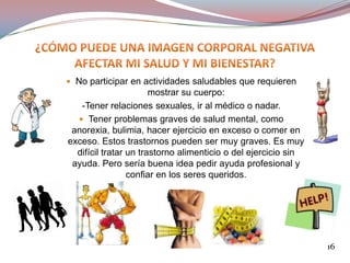 Imagen corporal negativaLas personas con una imagen corporal negativa suelen sentirse insatisfechas. Incluso es probable que no se vean como realmente son. 