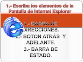 1.- Escriba los elementos de la Pantalla de Internet Explorer 1.- BARRA DE DIRECCIONES. 2.- BOTON ATRÁS  Y ADELANTE. 3.- BARRA DE ESTADO. 