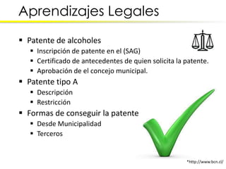 Aprendizajes Legales
 Patente de alcoholes
    Inscripción de patente en el (SAG)
    Certificado de antecedentes de quien solicita la patente.
    Aprobación de el concejo municipal.
 Patente tipo A
    Descripción
    Restricción
 Formas de conseguir la patente
    Desde Municipalidad
    Terceros


                                                      *http://www.bcn.cl/
 