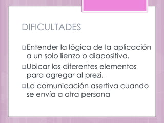 DIFICULTADES

Entender  la lógica de la aplicación
 a un solo lienzo o diapositiva.
Ubicar los diferentes elementos
 para agregar al prezi.
La comunicación asertiva cuando
 se envía a otra persona
 