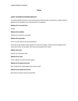 ADRIAN WININTER CARRERA
Tarea
HACER UN EJEMPLO DE DEFINIR OBJETIVOS.
Un hombre decidió comprar un auto que le gusto en determinada concesionaria. ¿Cuáles serán los
objetivos de el vendedor, de la concesionaria y el comprador .
Objetivo de la concesionaría:
Vender
Objetivo del vendedor:
Vender para aumentar su comisión.
Objetivo del comprador:
Tener un auto nuevo en el cual transportarse.
Una joven pareja decide casarse después de 6 años de noviazgo. ¿Cuáles serán los objetivos de el
novio, de la novia , de los padres del novio y de los padres de la novia?
Objetivo del novio:
Casarse con una buena mujer.
Objetivo de la novia:
Tener a alguien con quien sentirse segura.
Objetivo de los padres del novio:
Que su hijo por fin tendrá alguien que le lave la ropa.
Objetivo de los padres de la novia:
Que tienen una boca menos que alimentar.
 