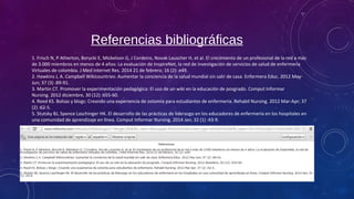 Referencias bibliográficas
1. Frisch N, P Atherton, Borycki E, Mickelson G, J Cordeiro, Novak Lauscher H, et al. El crecimiento de un profesional de la red a más 
de 3.000 miembros en menos de 4 años: La evaluación de InspireNet, la red de investigación de servicios de salud de enfermería 
Virtuales de colombia. J Med Internet Res. 2014 21 de febrero; 16 (2): e49.
2. Hawkins J, A. Campbell Wikicountries: Aumentar la conciencia de la salud mundial sin salir de casa. Enfermera Educ. 2012 May-
Jun; 37 (3) :89-91.
3. Martin CT. Promover la experimentación pedagógica: El uso de un wiki en la educación de posgrado. Comput Informar 
Nursing. 2012 diciembre, 30 (12) :655-60.
4. Reed KS. Bolsas y blogs: Creando una experiencia de ostomía para estudiantes de enfermería. Rehabil Nursing. 2012 Mar-Apr; 37 
(2) :62-5.
5. Stutsky BJ, Spence Laschinger HK. El desarrollo de las prácticas de liderazgo en los educadores de enfermería en los hospitales en 
una comunidad de aprendizaje en línea. Comput Informar Nursing. 2014 Jan; 32 (1) :43-9.
 