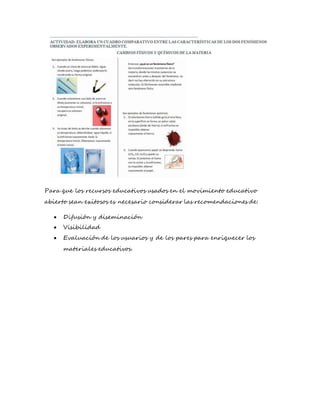 Para que los recursos educativos usados en el movimiento educativo
abierto sean exitosos es necesario considerar las recomendaciones de:
Difusión y diseminación
Visibilidad
Evaluación de los usuarios y de los pares para enriquecer los
materiales educativos.