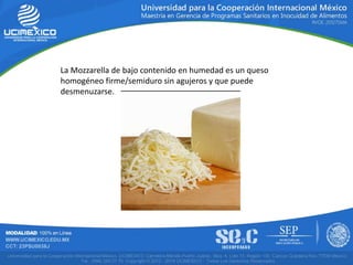 La Mozzarella de bajo contenido en humedad es un queso
homogéneo firme/semiduro sin agujeros y que puede
desmenuzarse.
 