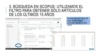 3. BÚSQUEDA EN SCOPUS: UTILIZAMOS EL
FILTRO PARA OBTENER SÓLO ARTÍCULOS
DE LOS ÚLTIMOS 15 AÑOS
Pinchamos en “view all”
para poder elegir
artículos desde el año
2002
 