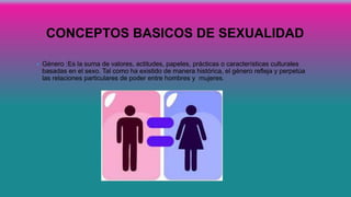 CONCEPTOS BASICOS DE SEXUALIDAD
• Género :Es la suma de valores, actitudes, papeles, prácticas o características culturales
basadas en el sexo. Tal como ha existido de manera histórica, el género refleja y perpetúa
las relaciones particulares de poder entre hombres y mujeres.
 