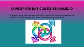 CONCEPTOS BASICOS DE SEXUALIDAD
• Orientación sexual :Es la organización específica del erotismo y/o el vínculo emocional de un
individuo en relación al género de la pareja involucrada en la actividad sexual.
 