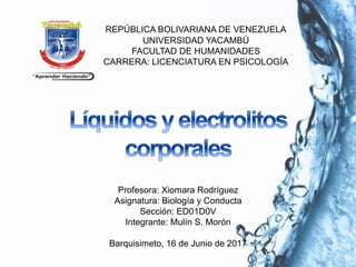 REPÚBLICA BOLIVARIANA DE VENEZUELA
UNIVERSIDAD YACAMBÚ
FACULTAD DE HUMANIDADES
CARRERA: LICENCIATURA EN PSICOLOGÍA
Profesora: Xiomara Rodríguez
Asignatura: Biología y Conducta
Sección: ED01D0V
Integrante: Mulín S. Morón
Barquisimeto, 16 de Junio de 2017
 