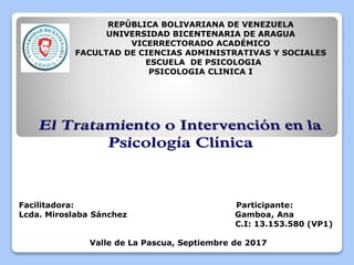 REPÚBLICA BOLIVARIANA DE VENEZUELA
UNIVERSIDAD BICENTENARIA DE ARAGUA
VICERRECTORADO ACADÉMICO
FACULTAD DE CIENCIAS ADMINISTRATIVAS Y SOCIALES
ESCUELA DE PSICOLOGIA
PSICOLOGIA CLINICA I
Facilitadora: Participante:
Lcda. Miroslaba Sánchez Gamboa, Ana
C.I: 13.153.580 (VP1)
Valle de La Pascua, Septiembre de 2017
 