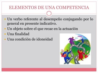 ELEMENTOS DE UNA COMPETENCIA
 Un verbo referente al desempeño conjugando por lo
general en presente indicativo.
 Un objeto sobre el que recae en la actuación
 Una finalidad
 Una condición de idoneidad
 