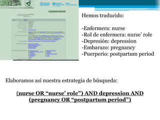 Hemos traducido:
-Enfermera: nurse
-Rol de enfermera: nurse’ role
-Depresión: depression
-Embarazo: pregnancy
-Puerperio: postpartum period
Elaboramos así nuestra estrategia de búsqueda:
(nurse OR “nurse’ role”) AND depression AND
(pregnancy OR “postpartum period”)
 
