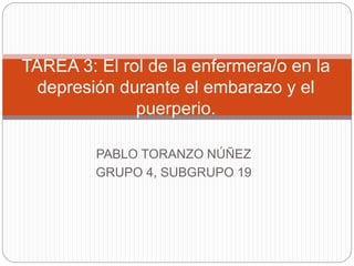 PABLO TORANZO NÚÑEZ
GRUPO 4, SUBGRUPO 19
TAREA 3: El rol de la enfermera/o en la
depresión durante el embarazo y el
puerperio.
 