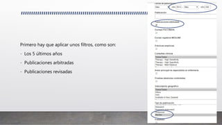 Primero hay que aplicar unos filtros, como son:
- Los 5 últimos años
- Publicaciones arbitradas
- Publicaciones revisadas
 