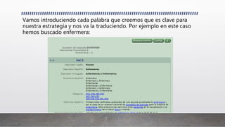 Vamos introduciendo cada palabra que creemos que es clave para
nuestra estrategia y nos va la traduciendo. Por ejemplo en este caso
hemos buscado enfermera:
 