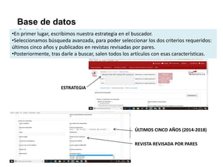 Base de datos
Cinahl•En primer lugar, escribimos nuestra estrategia en el buscador.
•Seleccionamos búsqueda avanzada, para poder seleccionar los dos criterios requeridos:
últimos cinco años y publicados en revistas revisadas por pares.
•Posteriormente, tras darle a buscar, salen todos los artículos con esas características.
ESTRATEGIA
ÚLTIMOS CINCO AÑOS (2014-2018)
REVISTA REVISADA POR PARES
 