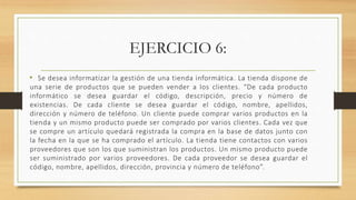 EJERCICIO 6:
• Se desea informatizar la gestión de una tienda informática. La tienda dispone de
una serie de productos que se pueden vender a los clientes. “De cada producto
informático se desea guardar el código, descripción, precio y número de
existencias. De cada cliente se desea guardar el código, nombre, apellidos,
dirección y número de teléfono. Un cliente puede comprar varios productos en la
tienda y un mismo producto puede ser comprado por varios clientes. Cada vez que
se compre un artículo quedará registrada la compra en la base de datos junto con
la fecha en la que se ha comprado el artículo. La tienda tiene contactos con varios
proveedores que son los que suministran los productos. Un mismo producto puede
ser suministrado por varios proveedores. De cada proveedor se desea guardar el
código, nombre, apellidos, dirección, provincia y número de teléfono”.
 