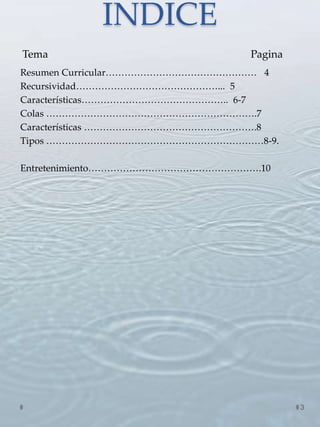 INDICE
3
Tema Pagina
Resumen Curricular………………………………………… 4
Recursividad………………………………………... 5
Características……………………………………….. 6-7
Colas ………………………………………………………….7
Características ……………………………………………….8
Tipos ……………………………………………………………8-9.
Entretenimiento……………………………………………….10
 