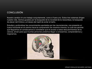 CONCLUSIÓN
Nuestro cerebro tri-uno trabaja conjuntamente, como si fuera uno. Estos tres sistemas dirigen
nuestra vida. Somos guiados por la búsqueda de la novedad de la neocorteza, la búsqueda
de placer del límbico y el deseo del reptil de evitar el daño.
Estudiar y profundizar los conocimientos aportados por las neurociencias, nos presenta un
nuevo horizonte en el camino hacia la comprensión de nosotros mismos, lo cual nos permite
que lleguemos en consecuencia a considerar que el acceso a estos descubrimientos de la
ciencia, sirvan para que muchas personas podamos llegar a conocernos, comprendernos y
mejorarnos.
CÉSAR OSWALDO NAVARRO ANTONIO
 