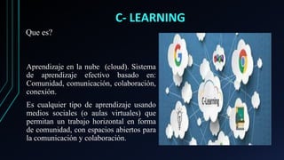 C- LEARNING
Aprendizaje en la nube (cloud). Sistema
de aprendizaje efectivo basado en:
Comunidad, comunicación, colaboración,
conexión.
Es cualquier tipo de aprendizaje usando
medios sociales (o aulas virtuales) que
permitan un trabajo horizontal en forma
de comunidad, con espacios abiertos para
la comunicación y colaboración.
Que es?
 
