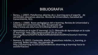 BIBLIOGRAFIA
• Boneu, J. (2007). Plataformas abiertas de e_learning para el soporte de
contenidos educativos abiertos. Revista de Universidad y Sociedad del
Conocimiento, 4(1).
• Cabero, J. (2006). Bases pedagógicas del e-learning. Revista de Universidad y
Sociedad del Conocimiento, 3(1). Recuperado de
http://www.uoc.edu/rusc/3/1/dt/esp/cabero. pdf
• Aprendizaje en la nube (C-learning). (s.f.). Obtenido de Aprendizaje en la nube
(C-learning): http://ftp.campusvirtual.utn.ac.cr/e-
learning/Recurso%20TIC%20y%20Modalidades%20html/assets/c-learning-
utn.pdf
• Romero, D. (2012). Contenido, diseño, dispositivos móviles, e_learning, p-
Learning. Redes sociales. Recuperado de
http://ojulearning.es/2012/05/tendencias-elearning-p-learning-hacia-la-
autoformacion/
 