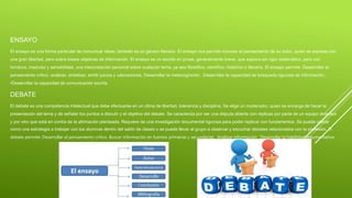 ENSAYO
El ensayo es una forma particular de comunicar ideas; también es un género literario. El ensayo nos permite conocer el pensamiento de su autor, quien se expresa con
una gran libertad, pero sobre bases objetivas de información. El ensayo es un escrito en prosa, generalmente breve, que expone sin rigor sistemático, pero con
hondura, madurez y sensibilidad, una interpretación personal sobre cualquier tema, ya sea filosófico, científico, histórico o literario. El ensayo permite: Desarrollar el
pensamiento crítico: analizar, sintetizar, emitir juicios y valoraciones. Desarrollar la metacognición. Desarrollar la capacidad de búsqueda rigurosa de información.
•Desarrollar la capacidad de comunicación escrita.
DEBATE
El debate es una competencia intelectual que debe efectuarse en un clima de libertad, tolerancia y disciplina. Se elige un moderador, quien se encarga de hacer la
presentación del tema y de señalar los puntos a discutir y el objetivo del debate. Se caracteriza por ser una disputa abierta con réplicas por parte de un equipo defensor
y por otro que está en contra de la afirmación planteada. Requiere de una investigación documental rigurosa para poder replicar con fundamentos. Se puede utilizar
como una estrategia a trabajar con los alumnos dentro del salón de clases o se puede llevar al grupo a observar y escuchar debates relacionados con la profesión. El
debate permite: Desarrollar el pensamiento crítico. Buscar información en fuentes primarias y secundarias. Analizar información. Desarrollar la habilidad argumentativa
 