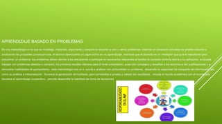 APRENDIZAJE BASADO EN PROBLEMAS
Es una metodología en la que se investiga, interpreta, argumenta y propone la solución a uno o varios problemas, creando un escenario simulado de posible solución y
analizando las probables consecuencias. el alumno desempeña un papel activo en su aprendizaje, mientras que el docente es un mediador que guía al estudiante para
solucionar un problema. los problemas deben alentar a los estudiantes a participar en escenarios relevantes al facilitar la conexión entre la teoría y su aplicación. se puede
trabajar con problemas abiertos o cerrados; los primeros resultan idóneos para el nivel universitario, pues son complejos y desafían a los alumnos a dar justificaciones y a
demostrar habilidades de pensamiento. esta metodología nos va a: ayuda a analizar con profundidad un problema. desarrolla la capacidad de búsqueda de información, así
como su análisis e interpretación. favorece la generación de hipótesis, para someterlas a prueba y valorar los resultados. vincula el mundo académico con el mundo real
favorece el aprendizaje cooperativo. permite desarrollar la habilidad de toma de decisiones
 