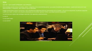 SQA
(QUE SÈ, QUE QUIERO APRENDER, QUÈ APRENDÌ)
Esta estrategia permite motivar al estudio, primero indagando en los conocimientos previos que posee el estudiante, para después , cuestionarse acerca de lo que
desea aprender, y, finalmente , para verificar lo que ha aprendido.
Indaga conocimientos previos, los alumnos vana a identificar las relaciones entre los conocimientos que ya poseen y los que van adquiriendo, se plantean preguntas
a partir de un texto ,un tema o una situación presentados por el profesor, generan motivos que dirijan la acción de aprender.
Los alumnos para realizar esta estrategia responden a los siguientes cuestionamientos:
Lo que sé
Lo que quiero saber
Lo que aprendí
 