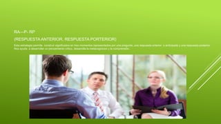 RA—P- RP
(RESPUESTA ANTERIOR, RESPUESTA PORTERIOR)
Esta estrategia permite construir significados en tres momentos representados por una pregunta, una respuesta anterior o anticipada y una respuesta posterior.
Nos ayuda a desarrollar un pensamiento critico, desarrolla la metacognicion y la comprensión.
 