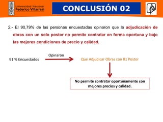 Universidad Nacional
Federico Villarreal
2.- El 90,79% de las personas encuestadas opinaron que la adjudicación de
obras con un solo postor no permite contratar en forma oportuna y bajo
las mejores condiciones de precio y calidad.
CONCLUSIÓN 02
91 % Encuestados Que Adjudicar Obras con 01 Postor
Opinaron
No permite contratar oportunamente con
mejores precios y calidad.
 