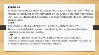 SERNANP
(SERVICIO NACIONAL DE AREAS NATURALES PROTEGIDAS POR EL ESTADO) Tiene la
misión de asegurar la conservación de las Áreas Naturales Protegidas
Del País, su diversidad biológica y el mantenimiento de sus servicios
ambientales.
OEFA
(ORGANISMO DE EVALUACION Y FISCALIZACION AMBIENTAL)
Tiene la responsabilidad de verificar el cumplimiento de la legislación ambiental por
todas las personas naturales y jurídicas
IIAP
(INSTITUTO DE INVESTIGACIONES DE LA MAZONIA PERUANA)
Promueve las metodologías adecuadas para el aprovechamiento eficiente y ordenado de
los recursos naturales y el territorio amazónico peruano
 