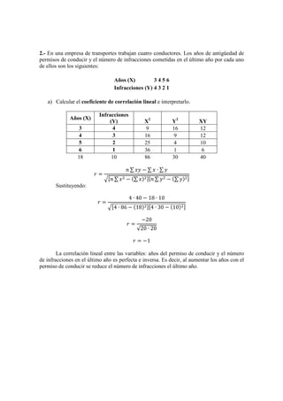 2.- En una empresa de transportes trabajan cuatro conductores. Los años de antigüedad de
permisos de conducir y el número de infracciones cometidas en el último año por cada uno
de ellos son los siguientes:
Años (X) 3 4 5 6
Infracciones (Y) 4 3 2 1
a) Calcular el coeficiente de correlación lineal e interpretarlo.
Años (X)
Infracciones
(Y) X2
Y2
XY
3 4 9 16 12
4 3 16 9 12
5 2 25 4 10
6 1 36 1 6
18 10 86 30 40
=
∑ − ∑ ∙ ∑
∑ − ∑ ∑ − ∑
Sustituyendo:
=
4 ∙ 40 − 18 ∙ 10
4 ∙ 86 − 18 4 ∙ 30 − 10
=
−20
√20 ∙ 20
= −1
La correlación lineal entre las variables: años del permiso de conducir y el número
de infracciones en el último año es perfecta e inversa. Es decir, al aumentar los años con el
permiso de conducir se reduce el número de infracciones el último año.
 