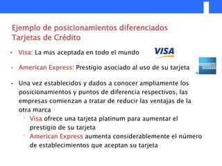 Ejemplo de posicionamientos diferenciados
Tarjetas de Crédito
• Visa: La más aceptada en todo el mundo

• American Express: Prestigio asociado al uso de su tarjeta

• Una vez establecidos y dados a conocer ampliamente los
  posicionamientos y puntos de diferencia respectivos, las
  empresas comienzan a tratar de reducir las ventajas de la
  otra marca
   ⁻ Visa ofrece una tarjeta platinum para aumentar el
      prestigio de su tarjeta
   ⁻ American Express aumenta considerablemente el número
      de establecimientos que aceptan su tarjeta
 
