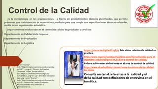 Control de la Calidad
Es la metodología en las organizaciones, a través de procedimientos técnicos planificados, que permite
promover que la elaboración de un servicio o producto para que cumpla con especificaciones técnicas enfocadas,
medio de un seguimientos estadístico.
Departamentos involucrados en el control de calidad en productos y servicios:
Departamento de Calidad de la Empresa.
Departamento de Producción
Departamento de Logística
https://youtu.be/KgKw67JqTyQ Este video relaciona la calidad en
practica.
http://www.ingenieriaindustrialonline.com/herramientas-para-el-
ingeniero-industrial/gesti%C3%B3n-y-control-de-calidad/
Refiere a diferentes definiciones en el área de control de calidad
http://www.ub.edu/disin/content/tema-4-control-de-la-calidad-
los-datos
Consulta material referentes a la calidad y el
de la calidad con definiciones de entrevista en el
temática.
<a rel="license"
href="http://creativecommons.org/licenses/by-
nc/4.0/"><img alt="Licencia de Creative
Commons" style="border-width:0"
src="https://i.creativecommons.org/l/by-
nc/4.0/88x31.png" /></a><br />Este obra está
bajo una <a rel="license"
href="http://creativecommons.org/licenses/by-
nc/4.0/">licencia de Creative Commons
Reconocimiento-NoComercial 4.0
Internacional</a>.
 