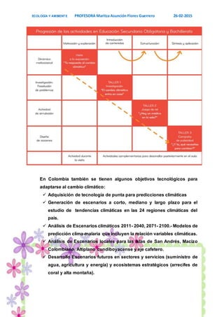 ECOLOGÍA Y AMBIENTE PROFESORA Maritza Asunción Flores Guerrero 26-02-2015
12
En Colombia también se tienen algunos objetivos tecnológicos para
adaptarse al cambio climático:
 Adquisición de tecnología de punta para predicciones climáticas
 Generación de escenarios a corto, mediano y largo plazo para el
estudio de tendencias climáticas en las 24 regiones climáticas del
país.
 Análisis de Escenarios climáticos 2011- 2040, 2071- 2100.- Modelos de
predicción clima-malaria que incluyen la relación variables climáticas.
 Análisis de Escenarios locales para las Islas de San Andrés, Macizo
Colombiano, Altiplano cundiboyacense y eje cafetero.
 Desarrollo Escenarios futuros en sectores y servicios (suministro de
agua, agricultura y energía) y ecosistemas estratégicos (arrecifes de
coral y alta montaña).
 