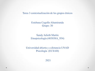 Tarea 3 contextualización de los grupos étnicos
Estebana Cogollo Altamiranda
Grupo: 30
Sandy Julieth Martín
Etnopsicología (403038A_954)
Universidad abierta y a distancia UNAD
Psicología (ECSAH)
2021
 