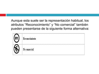 Aunque esta suele ser la representación habitual, los
atributos “Reconocimiento” y “No comercial” también
pueden presentarse de la siguiente forma alternativa:
 