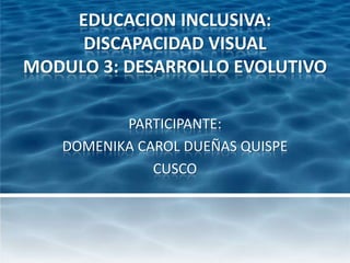 EDUCACION INCLUSIVA:
     DISCAPACIDAD VISUAL
MODULO 3: DESARROLLO EVOLUTIVO

          PARTICIPANTE:
   DOMENIKA CAROL DUEÑAS QUISPE
              CUSCO
 