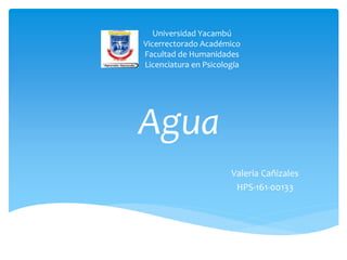 Agua
Valeria Cañizales
HPS-161-00133
Universidad Yacambú
Vicerrectorado Académico
Facultad de Humanidades
Licenciatura en Psicología
 
