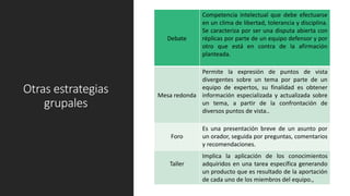 Otras estrategias
grupales
Debate
Competencia intelectual que debe efectuarse
en un clima de libertad, tolerancia y disciplina.
Se caracteriza por ser una disputa abierta con
réplicas por parte de un equipo defensor y por
otro que está en contra de la afirmación
planteada.
Mesa redonda
Permite la expresión de puntos de vista
divergentes sobre un tema por parte de un
equipo de expertos, su finalidad es obtener
información especializada y actualizada sobre
un tema, a partir de la confrontación de
diversos puntos de vista..
Foro
Es una presentación breve de un asunto por
un orador, seguida por preguntas, comentarios
y recomendaciones.
Taller
Implica la aplicación de los conocimientos
adquiridos en una tarea específica generando
un producto que es resultado de la aportación
de cada uno de los miembros del equipo.,
 