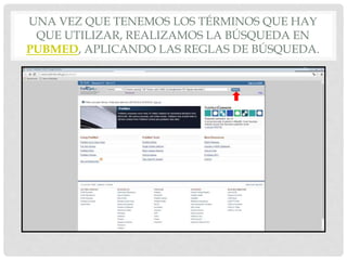 UNA VEZ QUE TENEMOS LOS TÉRMINOS QUE HAY
QUE UTILIZAR, REALIZAMOS LA BÚSQUEDA EN
PUBMED, APLICANDO LAS REGLAS DE BÚSQUEDA.
 
