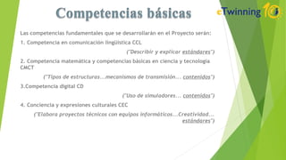 Las competencias fundamentales que se desarrollarán en el Proyecto serán:
1. Competencia en comunicación lingüística CCL
("Describir y explicar estándares")
2. Competencia matemática y competencias básicas en ciencia y tecnología
CMCT
("Tipos de estructuras...mecanismos de transmisión... contenidos")
3.Competencia digital CD
("Uso de simuladores... contenidos")
4. Conciencia y expresiones culturales CEC
("Elabora proyectos técnicos con equipos informáticos...Creatividad...
estándares")
 