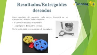 Como resultado del proyecto, cada centro dispondrá de un
ejemplar de cada una de las maquetas:
● 1 ejemplar realizado en su centro
● 2 ejemplares de los otros centros.
Por lo tanto, cada centro realizará 3 ejemplares
 
