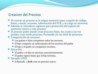 Creacion del Proceso
 Al crearse un proceso se le asigna memoria (para cargado de código,

datos y stack), recursos, información del PCB, y se carga en memoria.
 Además se inicializan registros para protección del espacio de
memoria reserva a este proceso.
 El proceso padre puede crear procesos hijos, los cuales a su vez
pueden crear otros procesos, formando así un árbol de procesos.
 Compartición de recursos.
 Los padres e hijos comparten todos los recursos.
 El hijo comparte un subconjunto de los recursos del padre.
 El hijo y el padre no comparten recursos.

 Ejecución

 El padre y el hijo se ejecutan concurrentemente.
 El padre espera hasta que el hijo termina.

 Ejemplo UNIX

 la llamada a fork crea un proceso nuevo.

 