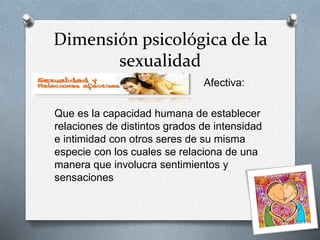 Dimensión psicológica de la
sexualidad
Afectiva:
Que es la capacidad humana de establecer
relaciones de distintos grados de intensidad
e intimidad con otros seres de su misma
especie con los cuales se relaciona de una
manera que involucra sentimientos y
sensaciones
 