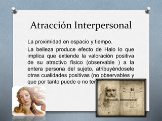 Atracción Interpersonal
La proximidad en espacio y tiempo.
La belleza produce efecto de Halo lo que
implica que extiende la valoración positiva
de su atractivo físico (observable ) a la
entera persona del sujeto, atribuyéndosele
otras cualidades positivas (no observables y
que por tanto puede o no tener)
 